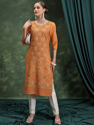 KETCH Women Embroidered Straight Kurta(Orange)