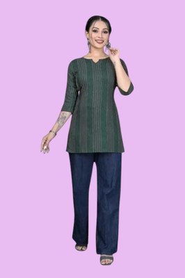 THEICON Women Striped A-line Kurta(Green)