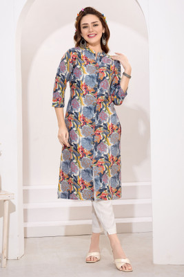 Keshubaba Women Printed Straight Kurta(Grey)