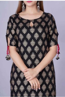 BHARTI ZONE Women Printed Straight Kurta(Black)