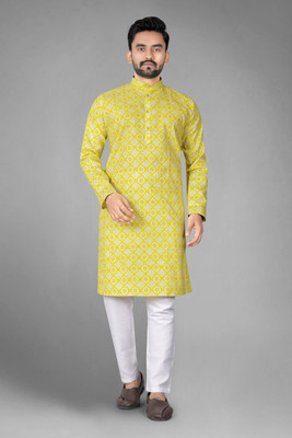 DHASU TRENDZ Men Printed Straight Kurta(Yellow)