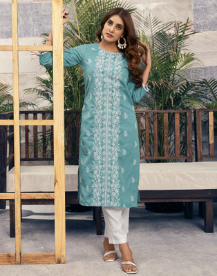 Samah Women Embroidered, Embellished, Dyed/Ombre, Self Design Straight Kurta(Light Blue)
