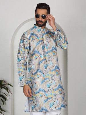 kraft india Men Floral Print Straight Kurta(Blue)