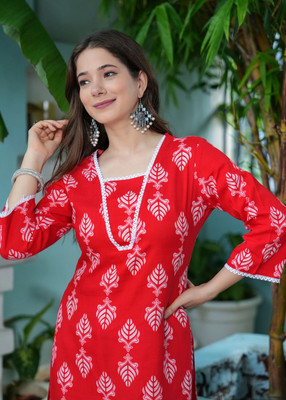CREATIONESH Women Printed Straight Kurta(Red)