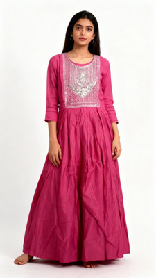 jit Women Embellished, Embroidered, Solid Anarkali Kurta(Pink)