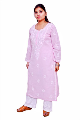Ah creation Women Chikan Embroidery Ethnic Dress Kurta(Pink)