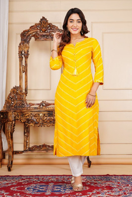 TANISHQ FASHION Women Leheriya Straight Kurta(Yellow)