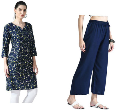KAVYA Women Printed Straight Kurta(Blue)