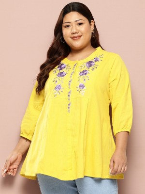 Sztori Women Embroidered A-line Kurta(Yellow)