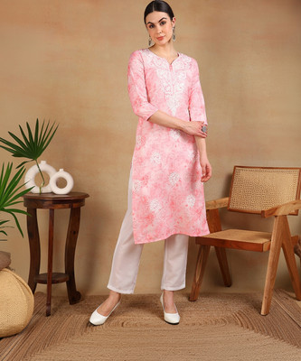 AHIKA Women Embroidered Straight Kurta(Pink, White)