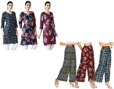KAVYA Women Printed Straight Kurta(Light Blue, Red, Grey)