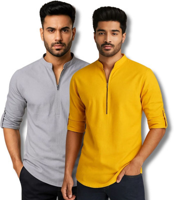 GOD HEART Men Solid Straight Kurta(Grey, Yellow)