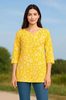 ABC Women Floral Print, Printed A-line Kurta(Yellow)