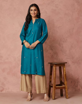 Fabindia Women Embroidered Straight Kurta(Blue)