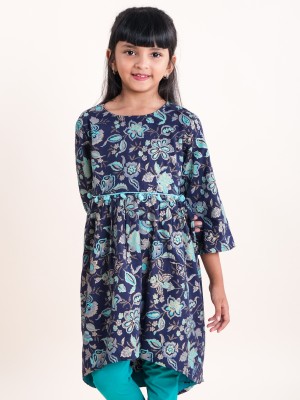 KiddoPanti Girls Printed A-line Kurta(Dark Blue)