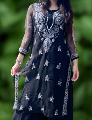 SMAfashion Women Chikan Embroidery A-line Kurta(Black)
