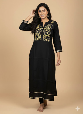 ZODO Women Embroidered, Solid A-line Kurta(Black)