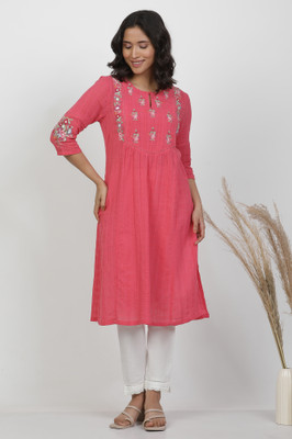 W Women Embroidered Straight Kurta(Pink)