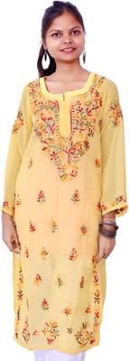 Ah creation Women Chikan Embroidery A-line Kurta(Yellow)
