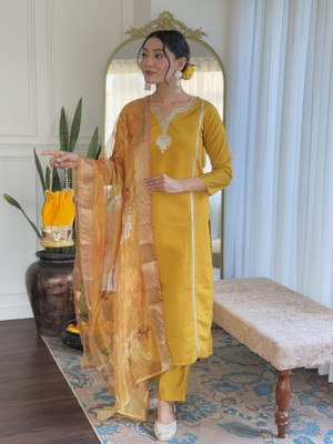 DClothvilla Women Printed, Embroidered Ethnic Dress Kurta(Yellow)