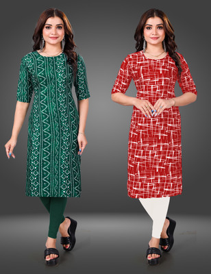 MOBHISA Women Printed Straight Kurta(Red)