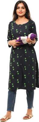 Sushil Apparels Women Printed Straight Kurta(Dark Blue)