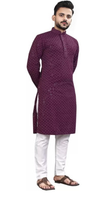 SiRaj Men Chikan Embroidery Straight Kurta(Maroon)