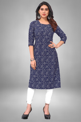 HouseOfCommon Women Printed Straight Kurta(Dark Blue)