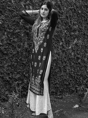 PRITITEX Women Chikan Embroidery Straight Kurta(Black)