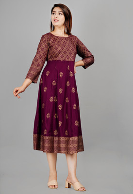 SMIEN Women Printed Flared Kurta(Maroon)