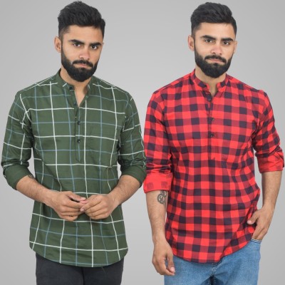 QuaClo Men Checkered Straight Kurta(Dark Green, Red)