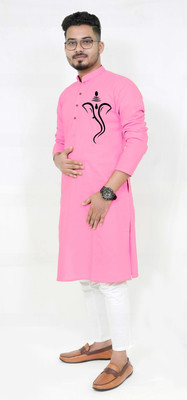 Rainbow Cloths Men Printed Straight Kurta(Pink)