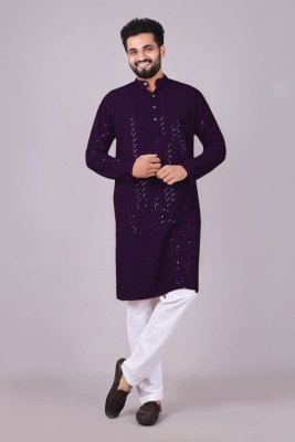 GARVDAGA Men Chikan Embroidery A-line Kurta(Black)