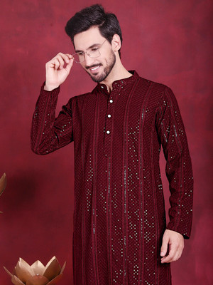 Jompers Men Embellished Straight Kurta(Maroon)