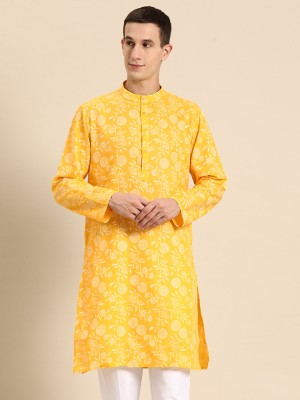 ANOUK Men Printed Straight Kurta(Yellow)