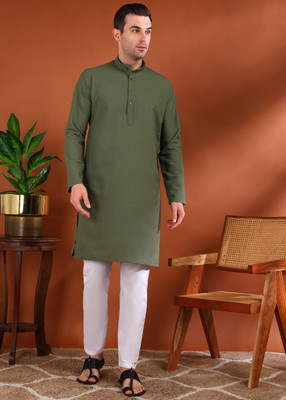 allan peter Men Embroidered Straight Kurta(Green)