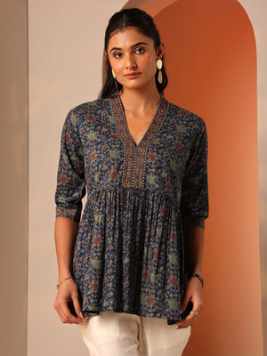 LIBAS Women Printed Anarkali Kurta(Blue)