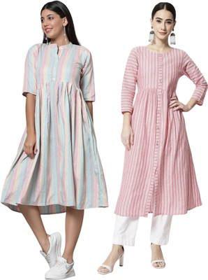 HouseOfCommon Women Striped Ethnic Dress Kurta(Multicolor)