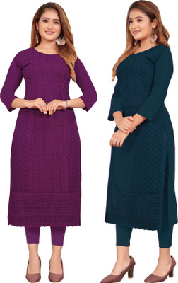 KAYRAAH Women Chikan Embroidery Straight Kurta(Blue, Purple)