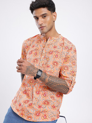 Anouk Rustic Men Floral Print Straight Kurta(Orange)