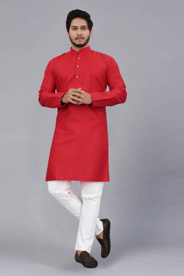 Ladyflock Men Solid Straight Kurta(Red)
