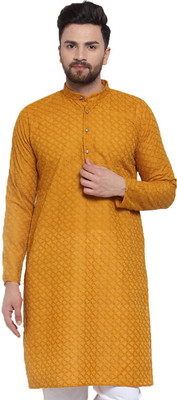 Jompers Men Embroidered Straight Kurta(Yellow)