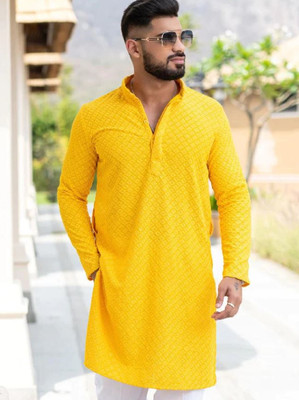 FOXDX Men Embroidered A-line Kurta(Yellow)