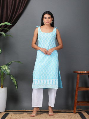 Sold For Style Women Embroidered Straight Kurta(Blue)