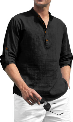 SHOPYCLICK Men Solid Straight Kurta(Black)