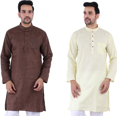 JEXI Men Solid Straight Kurta(Brown, Yellow)