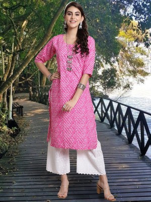 EthnicBasket Women Leheriya Straight Kurta(Pink)