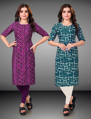 MOBHISA Women Printed Straight Kurta(Light Blue)