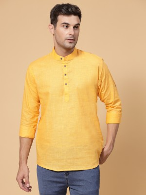 allan peter Men Solid Straight Kurta(Yellow)