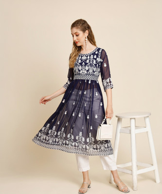 vairagee Women Embroidered Flared Kurta(Blue, White)